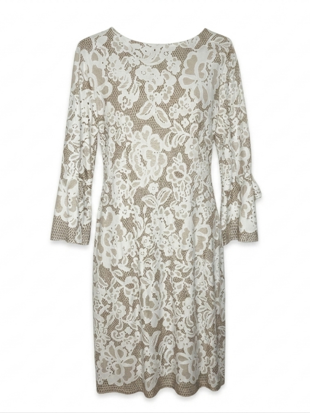 Ellen Weaver Beige and White Lace Pattern Midi Dress Bow Sleeve Women's XL #127
